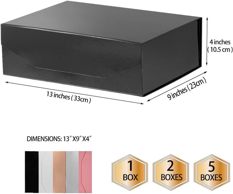 PACKGILO 2 Black Large Collapsible Gift Box with Lid 13x9x4 Inches, Bridesmaid Proposal Box, Hard Box with Magnetic Closure, Groomsman Box Reusable Gift Box for Clothes (Glossy Black) - Image 4